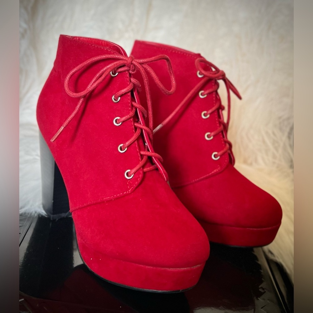 Red Lace-Up Platform Ankle Boots